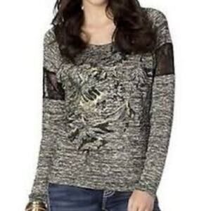 Miss Me Y2K Glam Rhinestone Cowgirl Lace Beaded Top Gray Glam Goth Going Out S